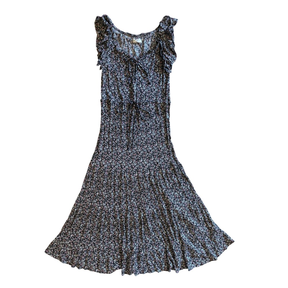 Natural Life‎ Floral Maxi Dress Black Ruffle Sleeve Tiered Boho Tie Cottagecore